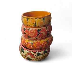 Vintage Russian Hand Painted Wooden Bangle Bracelets Khokhloma Folk Art Set of 4